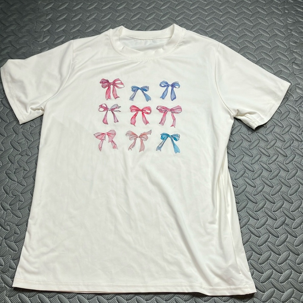 SHEIN Girls White Tee with Pink and Blue Bow Pattern Size‎ 13Y